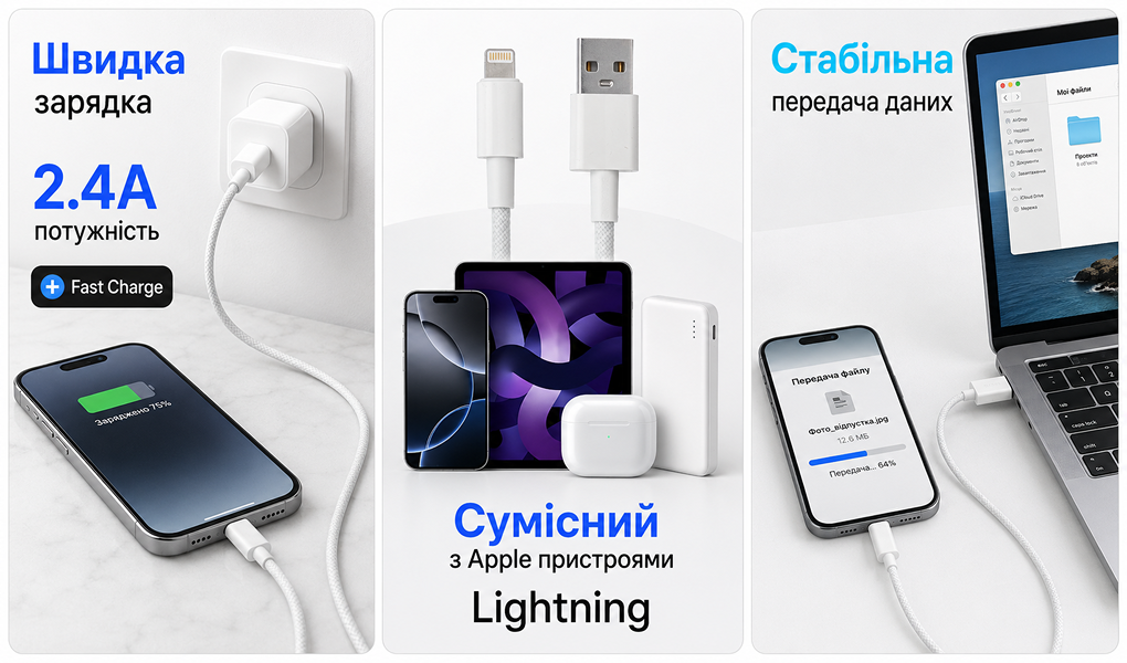 ������ BOROFONE BX117W, USB - Lightning 2.4�, 1m, White, (������ �������/�������� �����)