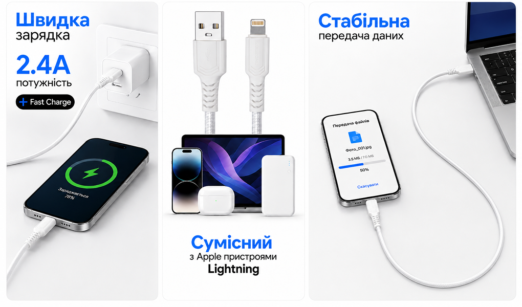 ������ BOROFONE BX116W, USB - Lightning 2.4�, 1m, White (������ �������/�������� �����)