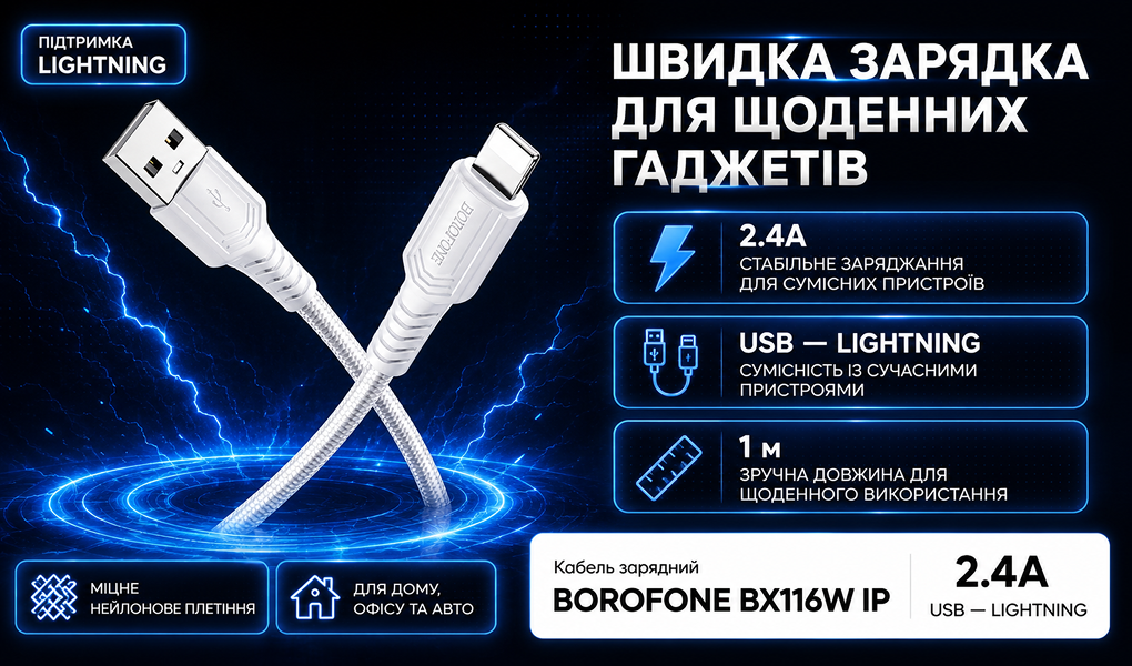 ������ BOROFONE BX116W, USB - Lightning 2.4�, 1m, White (������ �������/�������� �����)