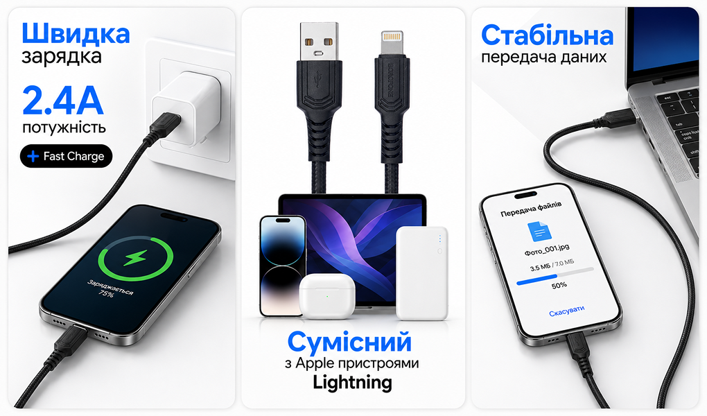 ������ BOROFONE BX116BK, USB - Lightning 2.4�, 1m, Black (������ �������/�������� �����)