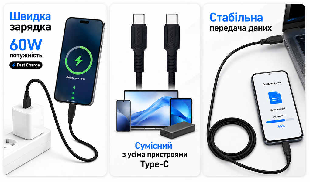 ������ BOROFONE BX116BK, Type-C - Type-C 60W, 1m, Black (������ �������/�������� �����)