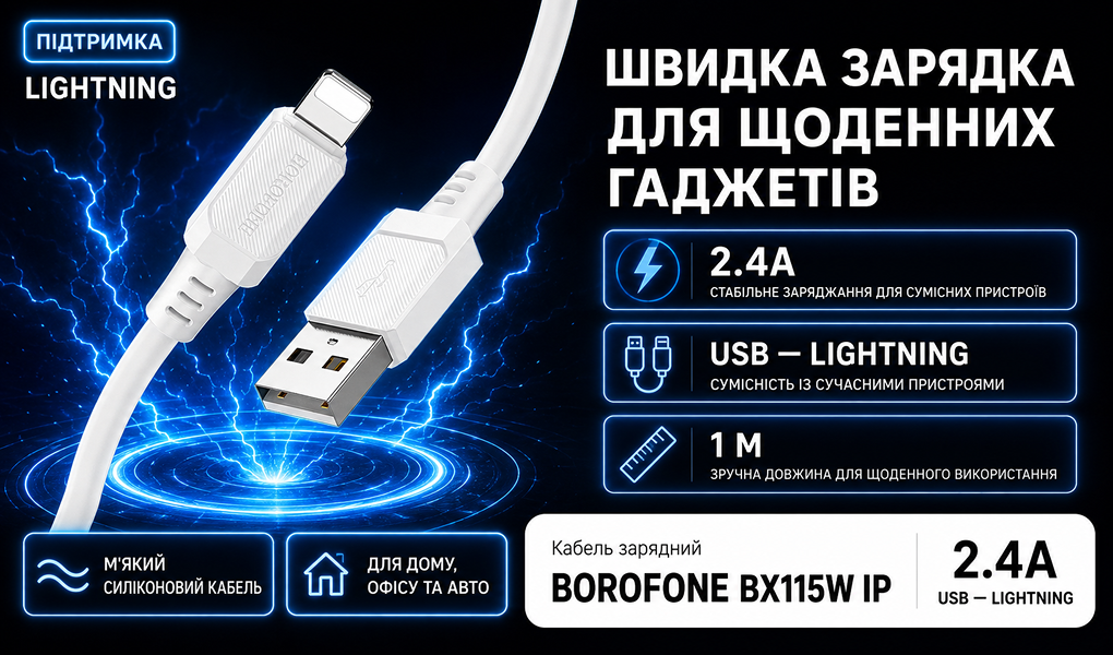 ������ BOROFONE BX115W, USB - Lightning 2.4�, 1m, White (������ �������/�������� �����)