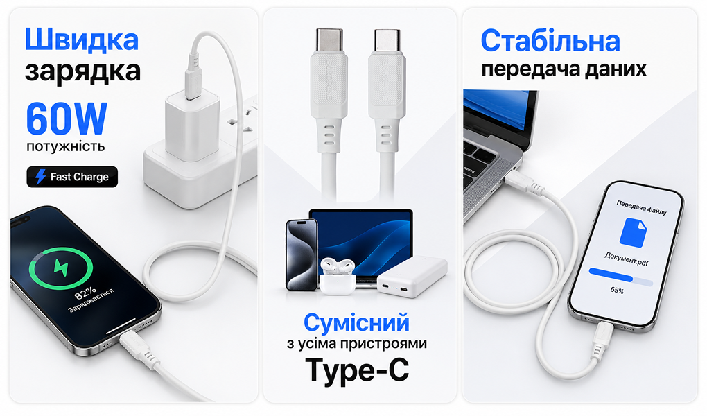 ������ BOROFONE BX115W, Type-C - Type-C 60W, 1m, White (������ �������/�������� �����)