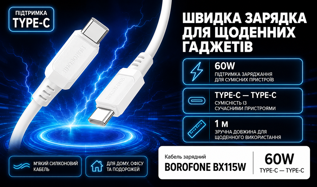 ������ BOROFONE BX115W, Type-C - Type-C 60W, 1m, White (������ �������/�������� �����)