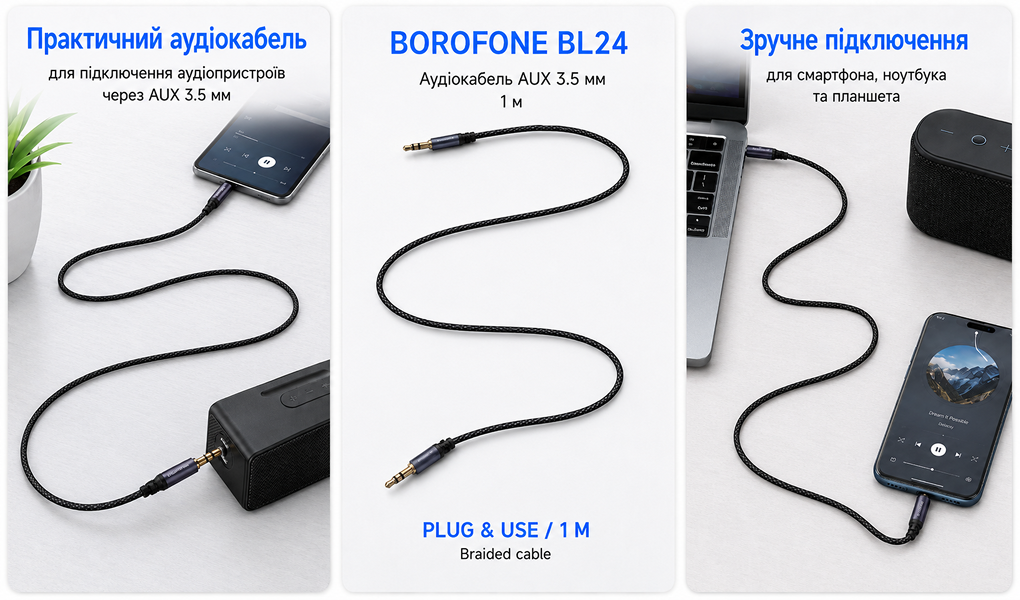 ������ ���� BOROFONE BL24 AUX, 3.5 male - 3.5 male, 1�