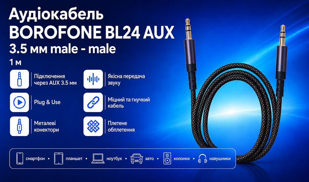 ������ ���� BOROFONE BL24 AUX, 3.5 male - 3.5 male, 1�
