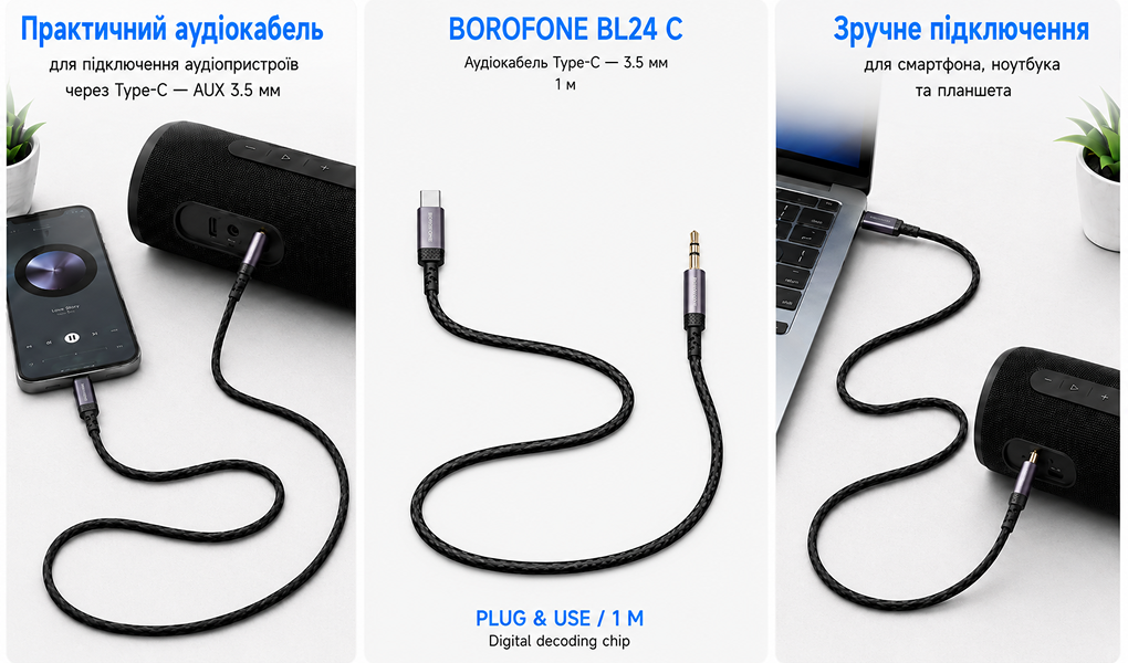 ������ ���� BOROFONE BL24 AUX, 3.5 male - Type-C male, 1�