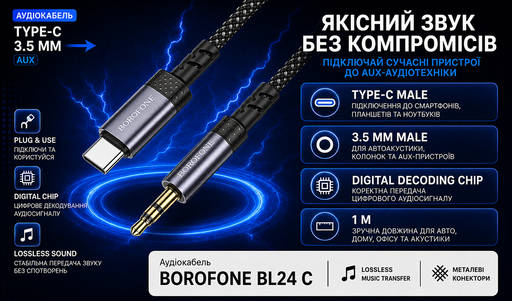 ������ ���� BOROFONE BL24 AUX, 3.5 male - Type-C male, 1�