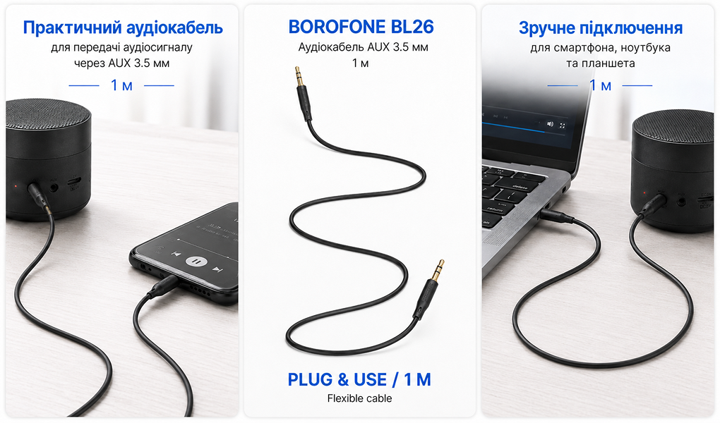 ������ ���� BOROFONE BL26 AUX, 3.5 male - 3.5 male, 1�