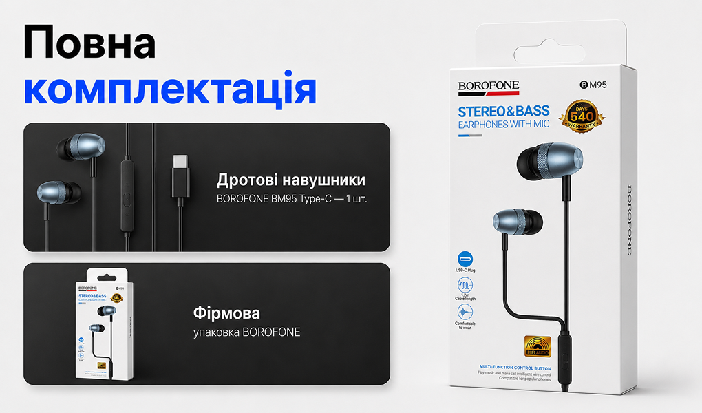 ��������� BOROFONE BM95 � ���������, Type C, 1� Metal gray