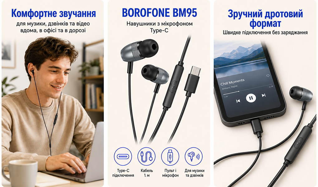 ��������� BOROFONE BM95 � ���������, Type C, 1� Metal gray