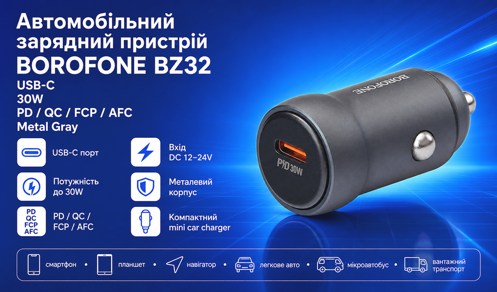 ������������ �������� ������� BOROFONE BZ32, USB-C: 30W (PD/QC/FCP/AFC) Metal gray