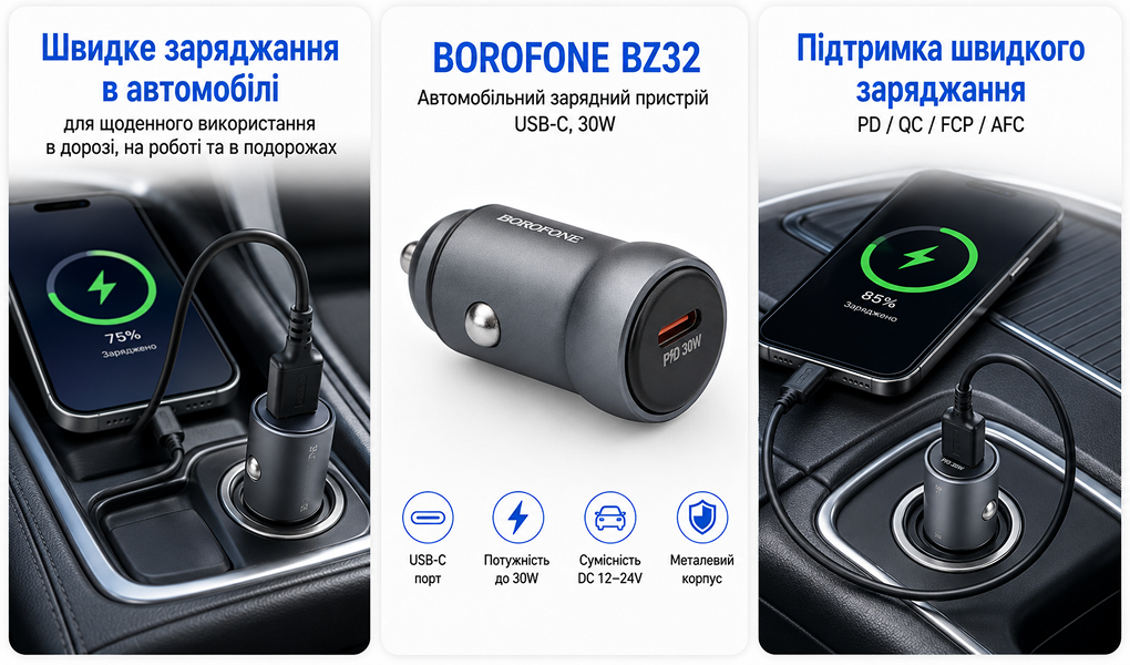 ������������ �������� ������� BOROFONE BZ32, USB-C: 30W (PD/QC/FCP/AFC) Metal gray