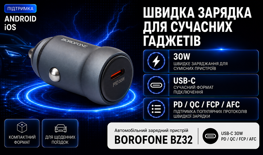 ������������ �������� ������� BOROFONE BZ32, USB-C: 30W (PD/QC/FCP/AFC) Metal gray