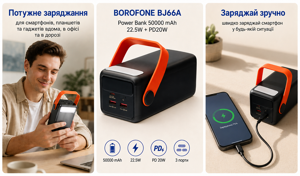 Power bank Borofone BJ66A 50000 mAh 22,5W+PD20W Black, LED �������, �������