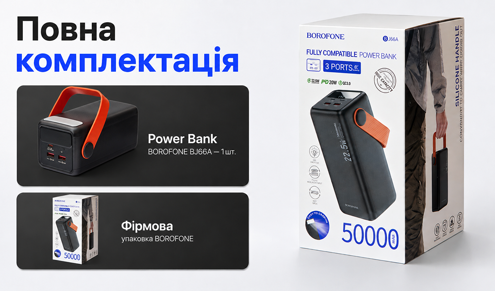 Power bank Borofone BJ66A 50000 mAh 22,5W+PD20W Black, LED �������, �������