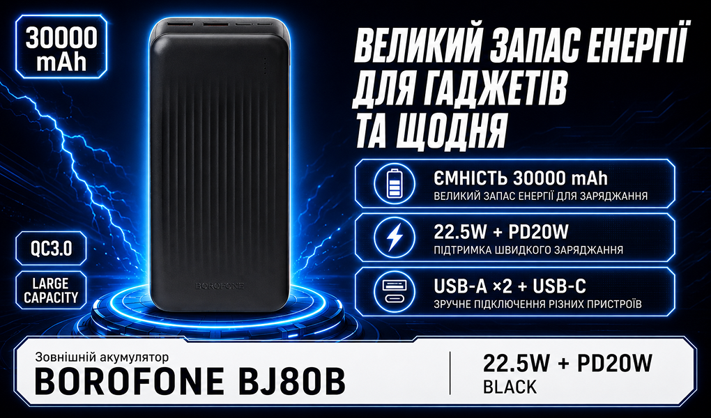 Power bank Borofone BJ80B 30000 mAh 22,5W+PD20W Black
