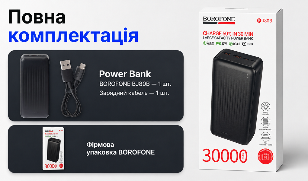 Power bank Borofone BJ80B 30000 mAh 22,5W+PD20W Black