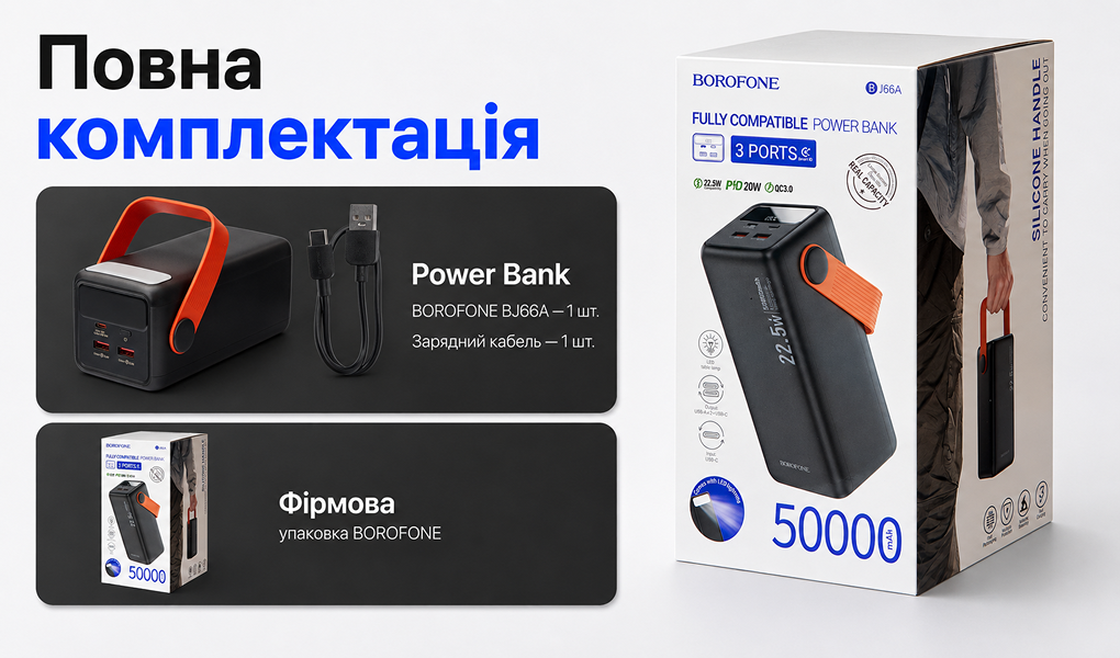 Power bank Borofone BJ66A 50000 mAh 22,5W+PD20W Black, LED �������, �������