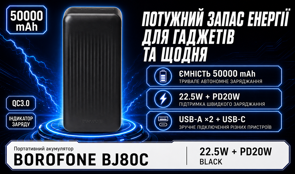 Power bank Borofone BJ80C 50000 mAh 22,5W+PD20W Black