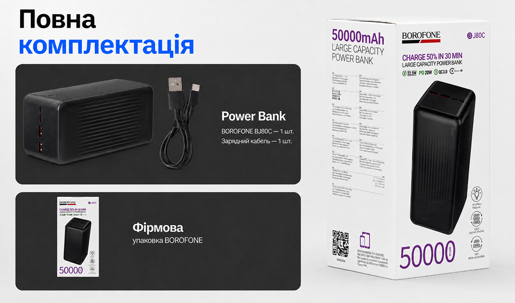 Power bank Borofone BJ80C 50000 mAh 22,5W+PD20W Black
