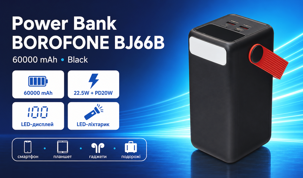 Power bank Borofone BJ66B 60000 mAh 22,5W+PD20W Black, LED �������, �������