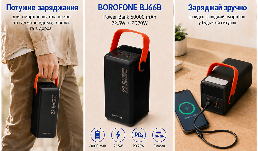 Power bank Borofone BJ66B 60000 mAh 22,5W+PD20W Black, LED �������, �������