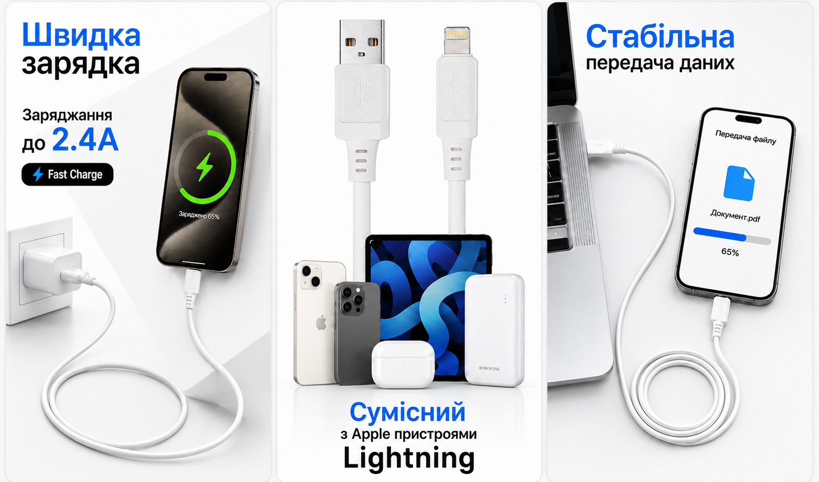 ������ BOROFONE BX115W, USB - Lightning 2.4�, 1m, White (������ �������/�������� �����)