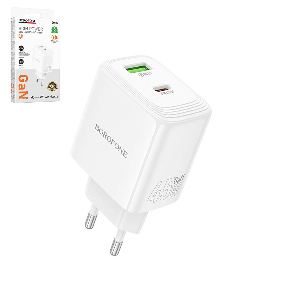 ��������� �������� �������  BOROFONE BN30 USB-C1:25W, USB-A?20W White
