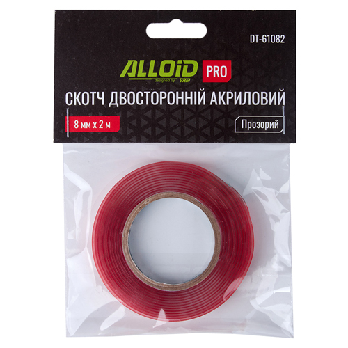 Alloid Pro. Скотч двосторонній 8мм х 2м прозорий 1мм, (пакет) - Vitol Alloid Pro. Скотч двосторонній 8мм х 2м прозорий 1мм, (пакет)