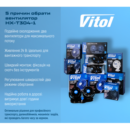 Вентилятор HX-T304-1 4" 24V 10W подвійний дві швидкості - Vitol Вентилятор HX-T304-1 4" 24V 10W подвійний дві швидкості
