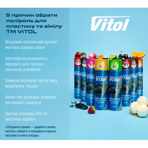 Полироль для пластика и винила VITOL 500 мл Полуничні віражі - Vitol Полироль для пластика и винила VITOL 500 мл Полуничні віражі