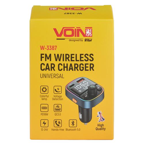 Модулятор FM, VOIN W-3387, 12-24V 1 USB QC3.0, PD 18W, BT5.0, Hands free, вольтметр - Vitol Модулятор FM, VOIN W-3387, 12-24V 1 USB QC3.0, PD 18W, BT5.0, Hands free, вольтметр