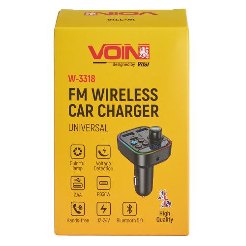 Модулятор FM, VOIN W-3318, 12-24V 2 USB 2.4A, PD 30W, BT5.0, Hands free, вольтметр - Vitol Модулятор FM, VOIN W-3318, 12-24V 2 USB 2.4A, PD 30W, BT5.0, Hands free, вольтметр