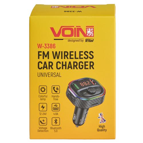 Модулятор FM, VOIN W-3386, 12-24V 2 USB 4.8A, 1 Type C, BT5.0, Hands free, вольтметр - Vitol Модулятор FM, VOIN W-3386, 12-24V 2 USB 4.8A, 1 Type C, BT5.0, Hands free, вольтметр