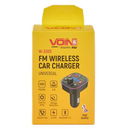 Модулятор FM, VOIN W-3305, 12-24V, 2 USB 3.1A, 1 PD 20W, BT5.3, Hands free, вольтметр - Vitol Модулятор FM, VOIN W-3305, 12-24V, 2 USB 3.1A, 1 PD 20W, BT5.3, Hands free, вольтметр