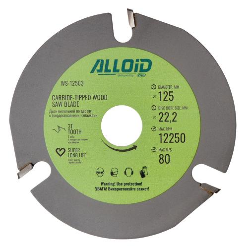 Alloid. Диск пиляльний по дереву с твердосплавними напайками 125х22,2мм, 3 зуби - Vitol Alloid. Диск пиляльний по дереву с твердосплавними напайками 125х22,2мм, 3 зуби