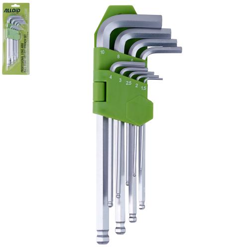 Набір ключів шестигранних з кулею , вигнутих подовжених . 9 пр. 1,5-10 мм Alloid - Vitol Набір ключів шестигранних з кулею , вигнутих подовжених . 9 пр. 1,5-10 мм Alloid