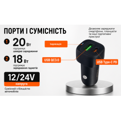 ������������ �������� ������� VOIN 38W, 1USB QC3.0 18W + 1PD 20W, 12/24V