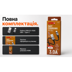 ������ VOIN CC-1703C USB - Type C 3A 1m, Black (������ �������/�������� �����)