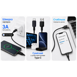 ������ BOROFONE BX113BK, USB - Type-C 3�, 1m, Black (������ �������/�������� �����)