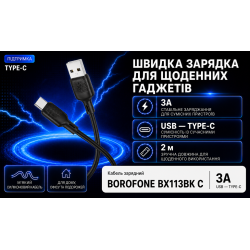 ������ BOROFONE BX113BK, USB - Type-C 3�, 2m, Black (������ �������/�������� �����)
