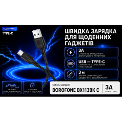 ������ BOROFONE BX113BK, USB - Type-C 3�, 3m, Black (������ �������/�������� �����)