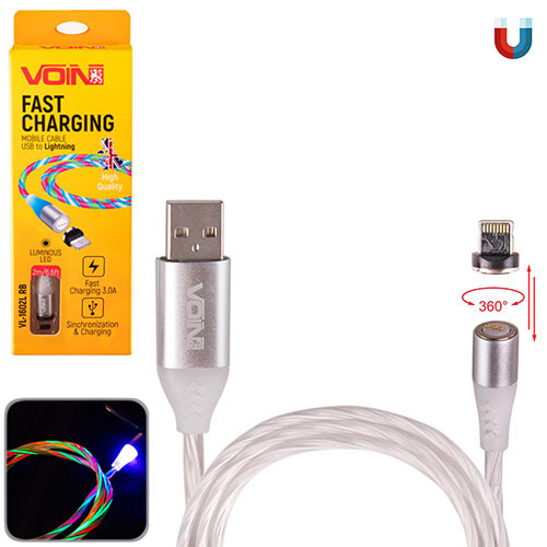 Кабель магнітний Multicolor LED VOIN USB - Lightning 3А, 2m, (швидка зарядка / передача даних)
