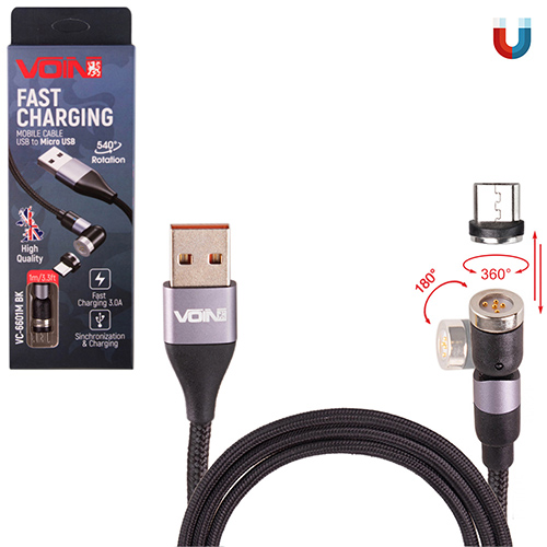 Кабель магнітний шарнірний VOIN USB - Micro USB 3А, 1m, black (швидка зарядка / передача даних)