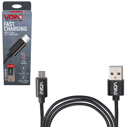 Кабель VOIN USB - Micro USB 3А, 2m, black (швидка зарядка/передача даних)