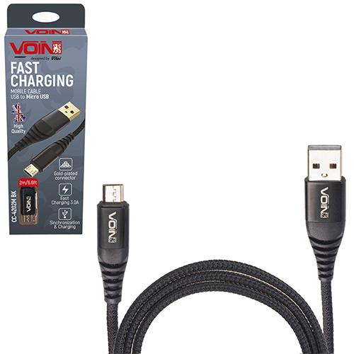 Кабель VOIN CC-4202M BK USB - Micro USB 3А, 2m, black (швидка зарядка/передача даних)