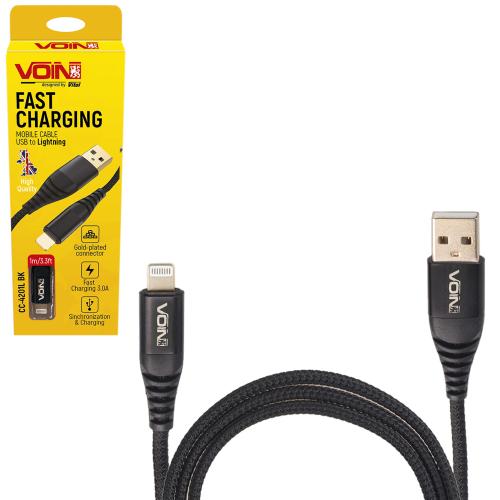 Кабель VOIN CC-4201L BK USB - Lightning 3А, 1m, black (швидка зарядка/передача даних)