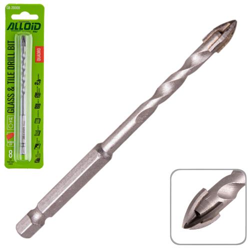 Свердло по склу та кераміці QUADRO 8мм, хвостовик HEX 1/4" Alloid, L= 120mm