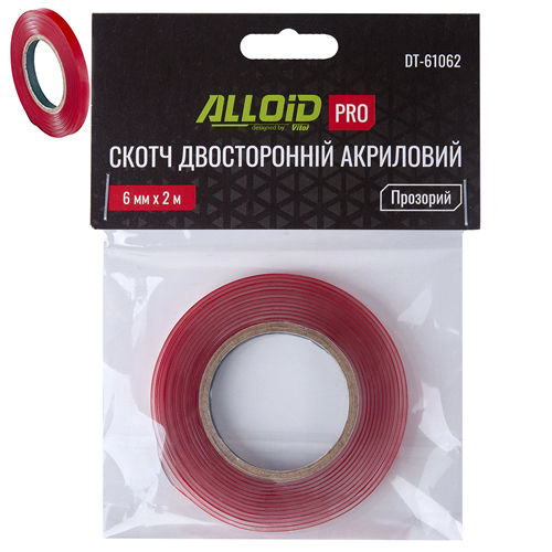 Alloid Pro. Скотч двосторонній 6мм х 2м прозорий 1мм, (пакет)